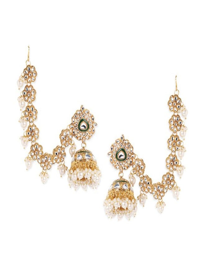 Rubans 22K Gold Plated Handcrafted Traditional Floral Motif Kundan Kan Chain Earrings for Women and Girls with Pearls and Green Enamel Detailing, Perfect for Festive and Wedding Occasions - Image 1