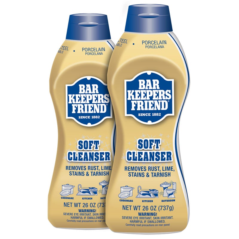 Bar Keepers Friend منظف سائل بار كيبيرز فريند - منظف متعدد الاستخدامات ومزيل بقع الصدأ للفولاذ المقاوم للصدأ، البورسلين، بلاط السيراميك، النحاس، النحاس الأصفر 26 أونصة (عبوة من 2)