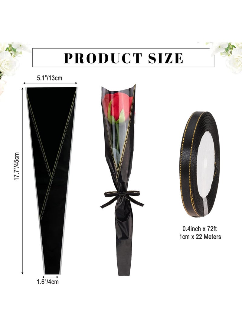 100Pcs Single Flower Sleeves, Rose Wrapping Bags Waterproof Single Flower Packaging Bags with Ribbons for Mother's Day, Wedding, Birthday, Florist Supplies - Image 2