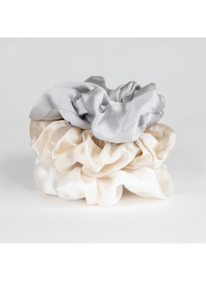 Generic Large 100% Mulberry Silk Scrunchies - Pack of 3 in Nude (White, Champagne, Silver) - Gentle on Hair, Comes in Stylish Satin Bag  - Image 1