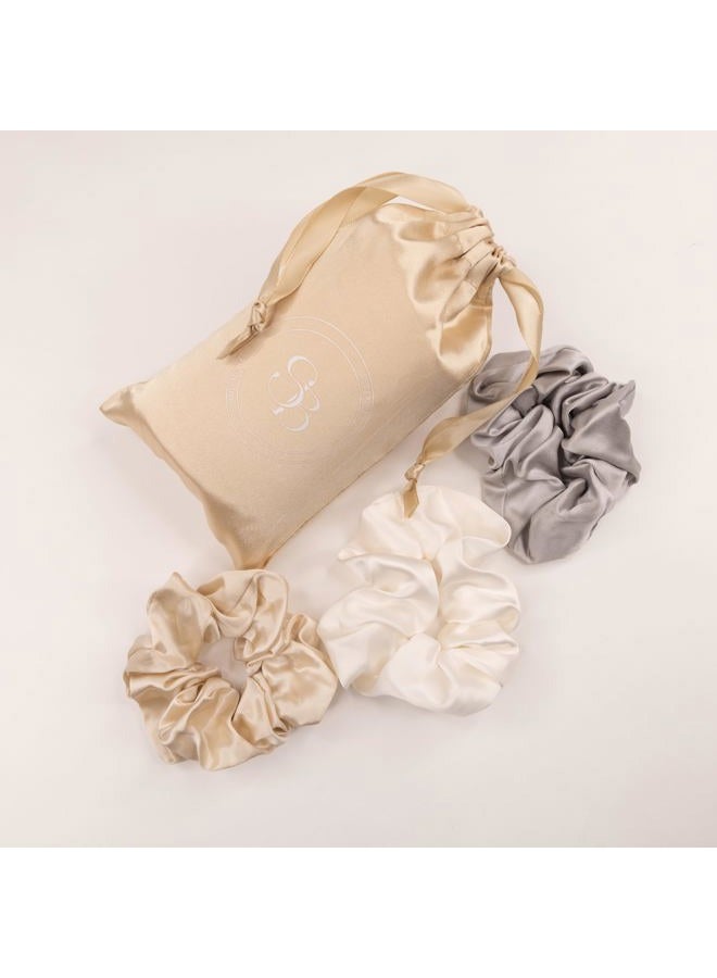 Generic Large 100% Mulberry Silk Scrunchies - Pack of 3 in Nude (White, Champagne, Silver) - Gentle on Hair, Comes in Stylish Satin Bag  - Image 4