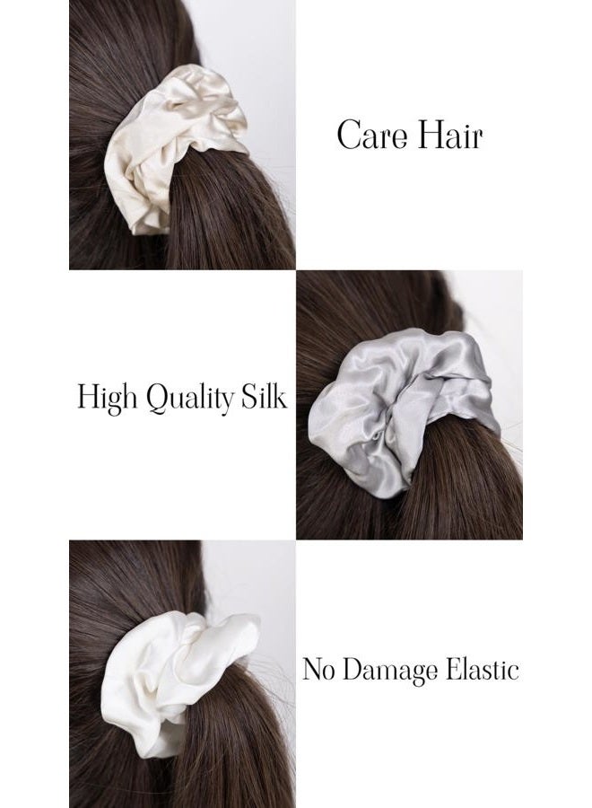 Generic Large 100% Mulberry Silk Scrunchies - Pack of 3 in Nude (White, Champagne, Silver) - Gentle on Hair, Comes in Stylish Satin Bag  - Image 2