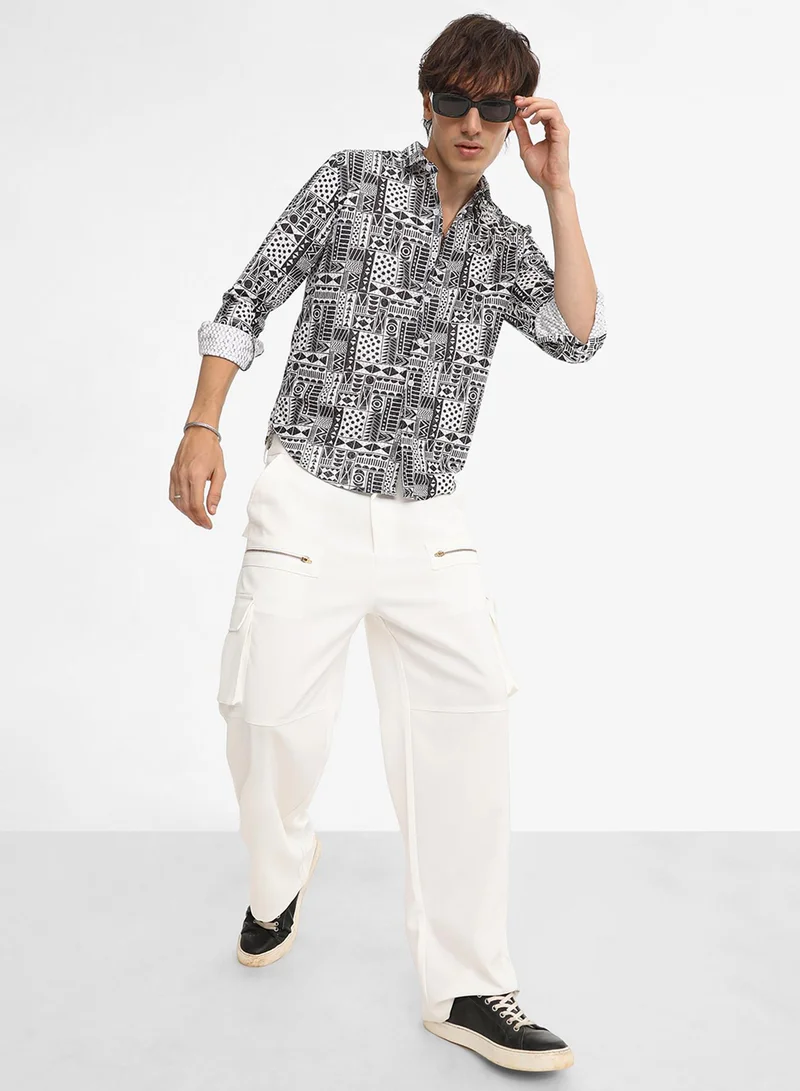 Campus Sutra Men's Off-White & Midnight Black Abstract Geometric Shirt