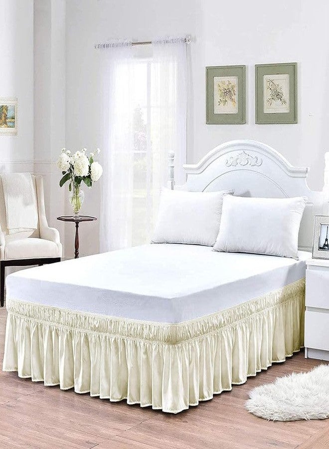 LINEN SHEETS ملاءات كتان - 100% مايكروفايبر، تنورة سرير فاخرة ملفوفة، تصميم مكشكش، سهلة التركيب مع حافة متدلية بطول 10 بوصات - لون عاجي سادة، مقاس توين إكس إل - Image 3