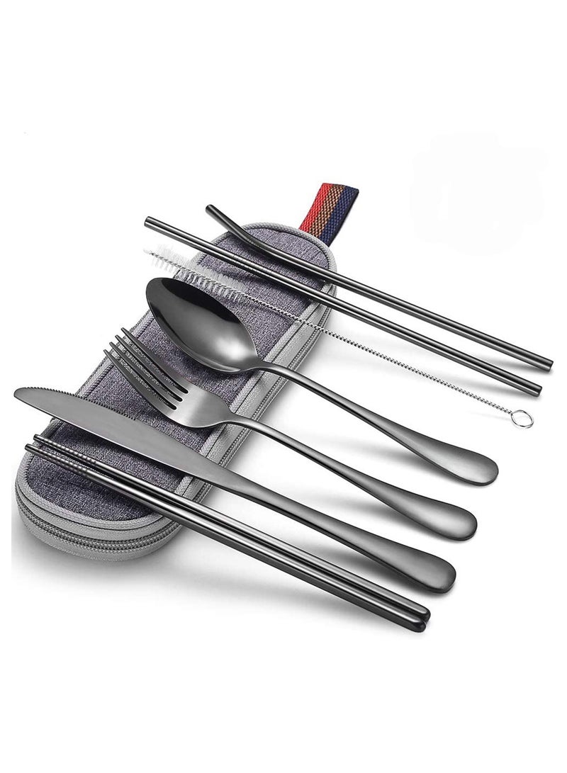 Generic Portable Utensils Travel Camping Cutlery Set including Knife Fork Spoon Chopsticks Cleaning Brush Straws Portable Case Stainless Steel Flatware set - Image 1