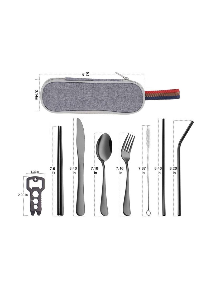 Generic Portable Utensils Travel Camping Cutlery Set including Knife Fork Spoon Chopsticks Cleaning Brush Straws Portable Case Stainless Steel Flatware set - Image 3