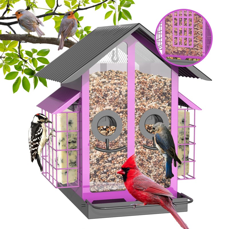 FlowaFoli Bird Feeders for Outdoors, Metal Bird Feeder with Double Suet Cage Weatherproof Metal Roof, 2 in 1 Mixed Seeds Suet Feeder, 4Lbs Large Capacity, Great for Finchã€Cardinalã€Chickadeeï¼ˆPinkï¼‰ - Image 1