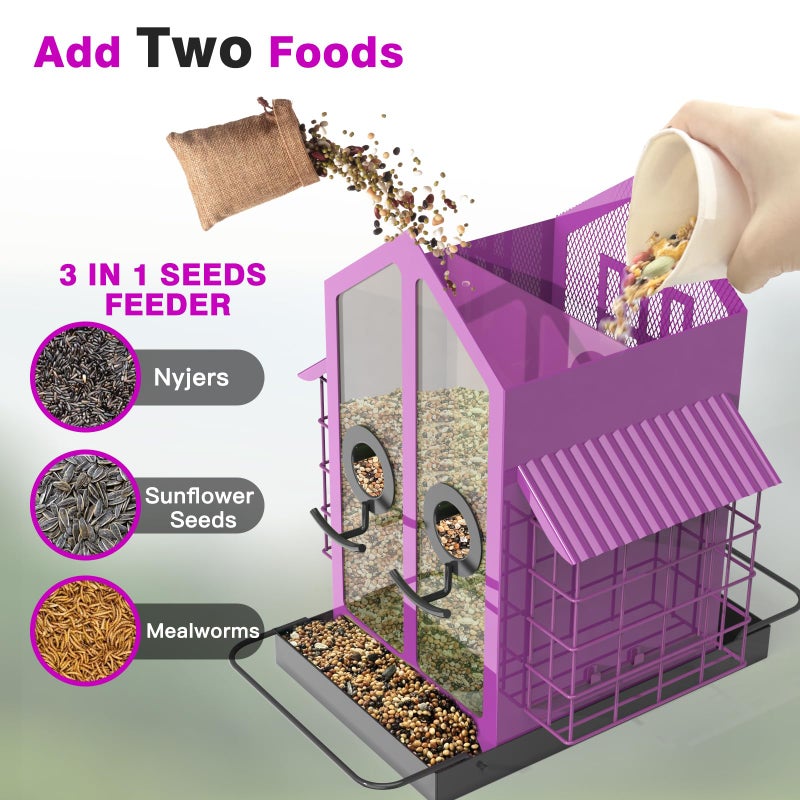 FlowaFoli Bird Feeders for Outdoors, Metal Bird Feeder with Double Suet Cage Weatherproof Metal Roof, 2 in 1 Mixed Seeds Suet Feeder, 4Lbs Large Capacity, Great for Finchã€Cardinalã€Chickadeeï¼ˆPinkï¼‰ - Image 3