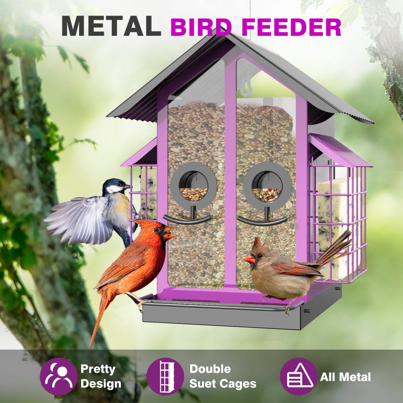 FlowaFoli Bird Feeders for Outdoors, Metal Bird Feeder with Double Suet Cage Weatherproof Metal Roof, 2 in 1 Mixed Seeds Suet Feeder, 4Lbs Large Capacity, Great for Finchã€Cardinalã€Chickadeeï¼ˆPinkï¼‰ - Image 4