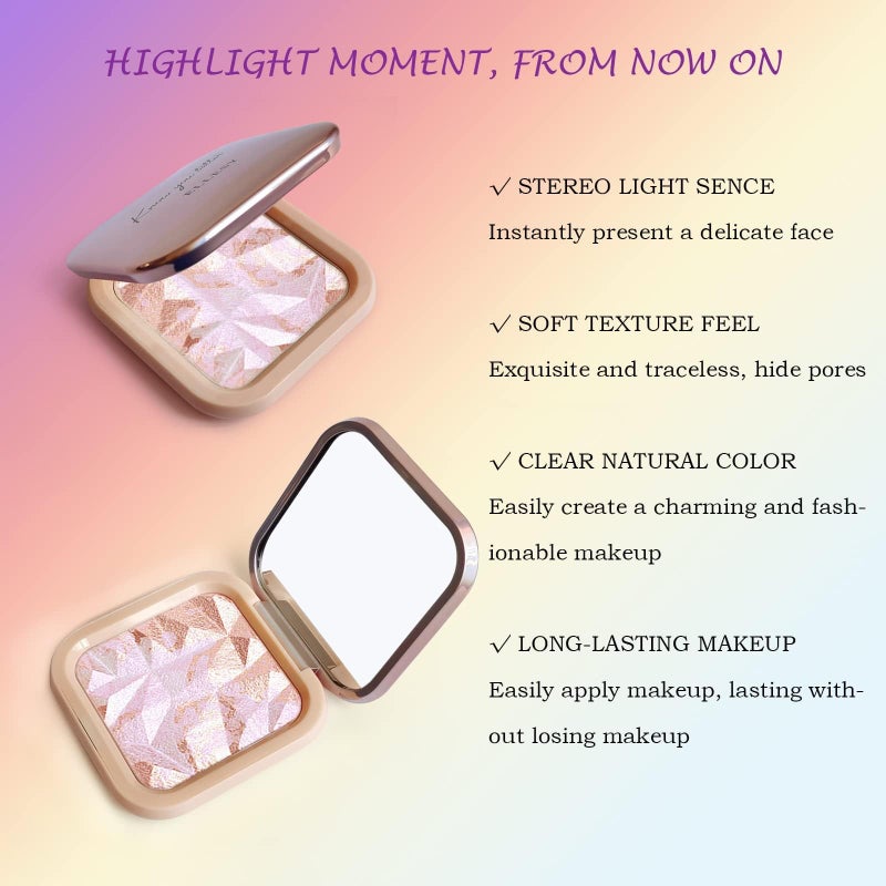 LSxia لوحة مكياج الهايلايتر LSxia - لوحة كونتور لامعة بودرة لتفتيح الوجه كونتور خدود ذهبية مكياج هايلايتر، بودرة هايلايتر تدوم طويلاً مع مرآة لمكياج الإضاءة (وردي ذهبي) - Image 5