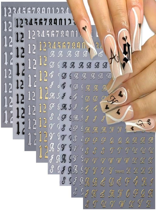 HYWWPFLAY 8 Sheets Old English Letters & Numbers Nail Stickers, Retro Letters Nail Art Stickers, Self-Adhesive Letter Nail Decals, Alphabet Sticker Nails, Numbers Nail Designs Supplies for Women - Image 1