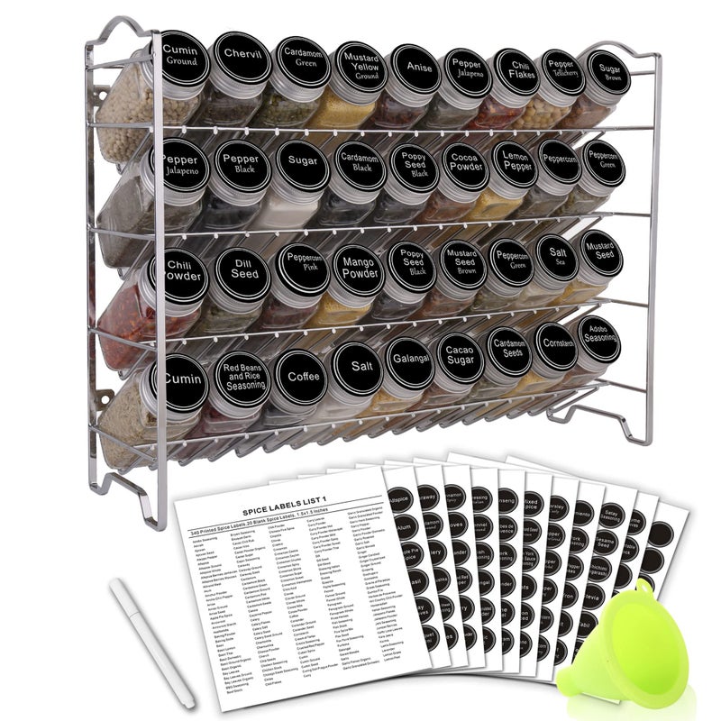 SWOMMOLY SWOMMOLY Spice Rack Organizer with 36 Empty Square Spice Jars 396 Spice Labels with Chalk Marker and Funnel Complete Set for Countertop Cabinet or Wall MountSilver