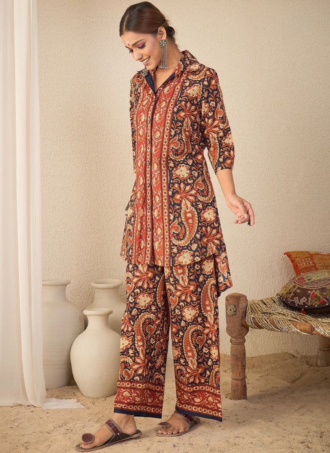WineRed Wine Red Women Rust Paisley Print Hi-low Coord Set - Image 2