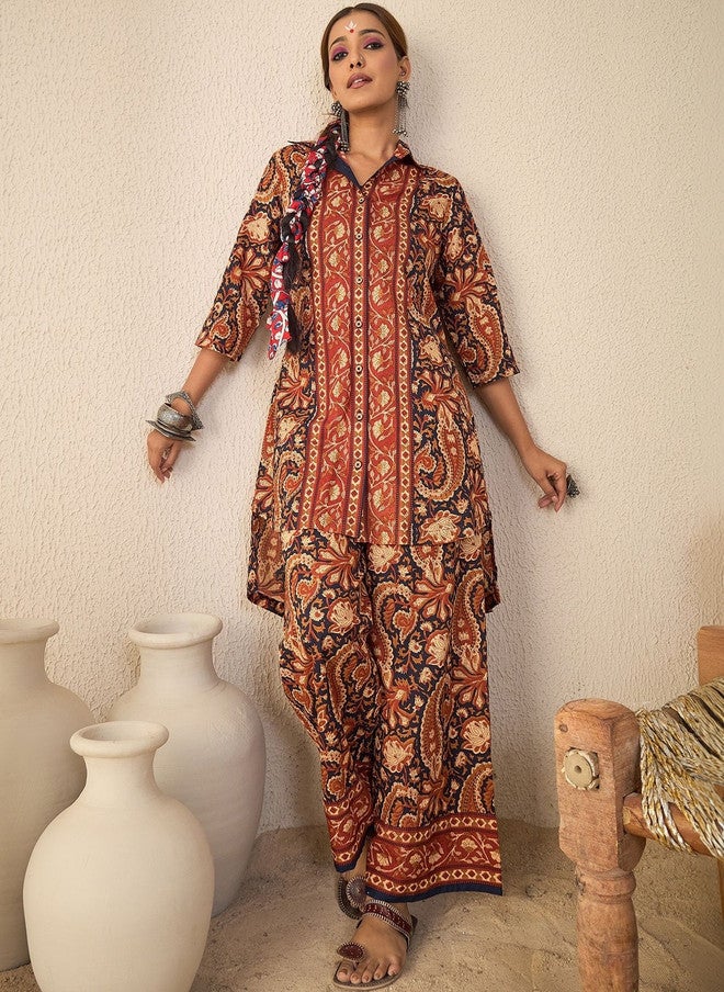 WineRed Wine Red Women Rust Paisley Print Hi-low Coord Set - Image 1