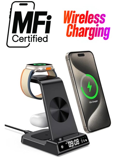 Wireless Charger for iPhone, 3 in 1 Wireless Charging Station with Clock for iPhone 15/14/13/12/11 Series, Watch Charger Compatible with Apple Watch Ultra 2/9/8/7/6/5/4/3/2/SE, Air Pods