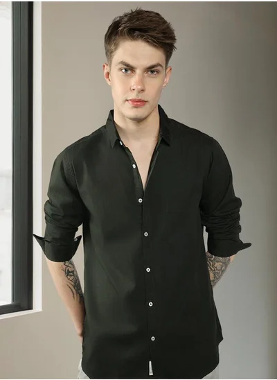 دينيس لينغو Men's Slim Fit Olive Green Casual Cotton Spread Shirt