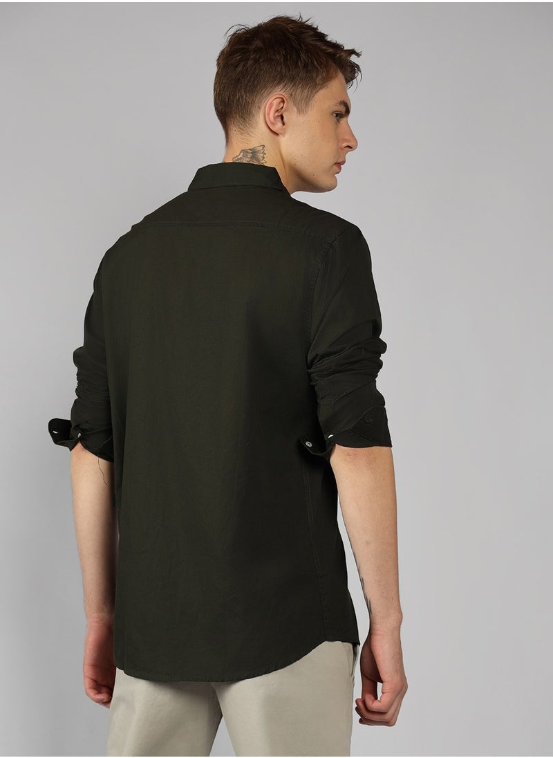 Dennis Lingo - Men's Slim Fit Olive Green Casual Cotton Spread Shirt - Image 1