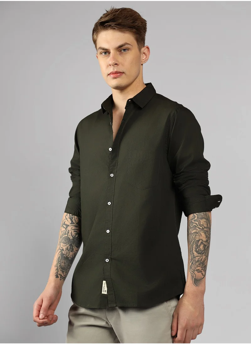 دينيس لينغو Men's Slim Fit Olive Green Casual Cotton Spread Shirt