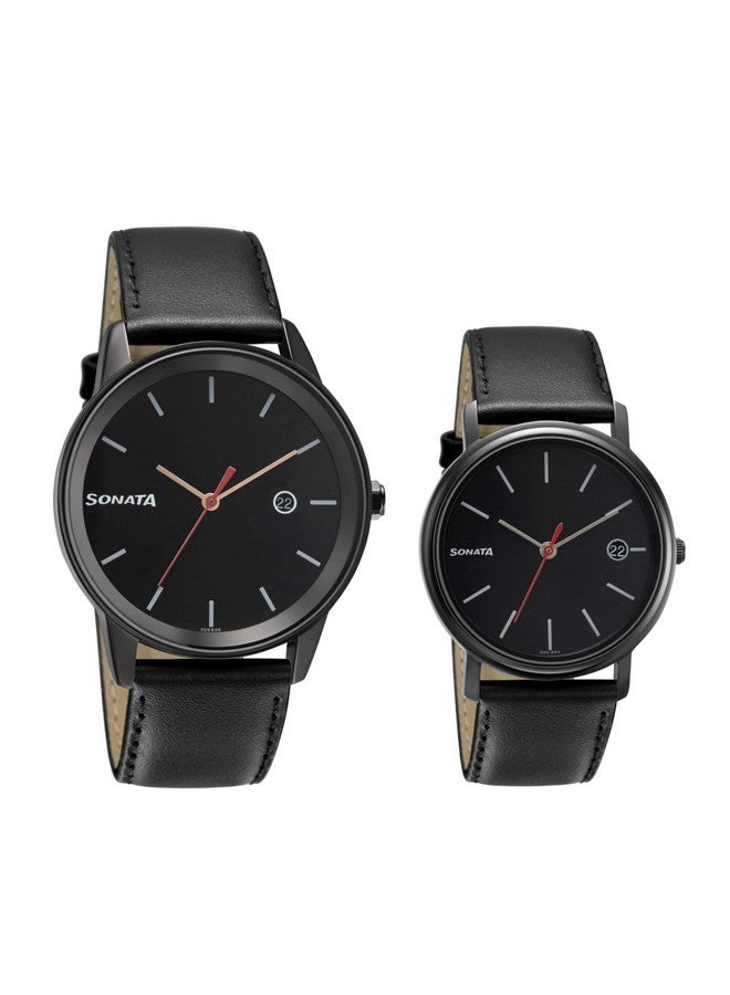 Sonata Quartz Analog with Date Black Dial Leather Strap Watch for Couple-NS713387029NL01P - Image 1