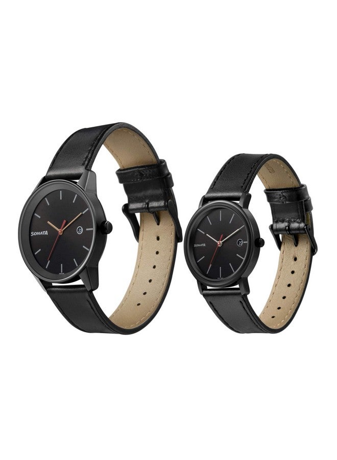 Sonata Quartz Analog with Date Black Dial Leather Strap Watch for Couple-NS713387029NL01P - Image 2