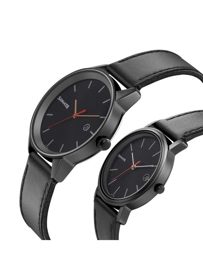 Sonata Quartz Analog with Date Black Dial Leather Strap Watch for Couple-NS713387029NL01P - Image 3