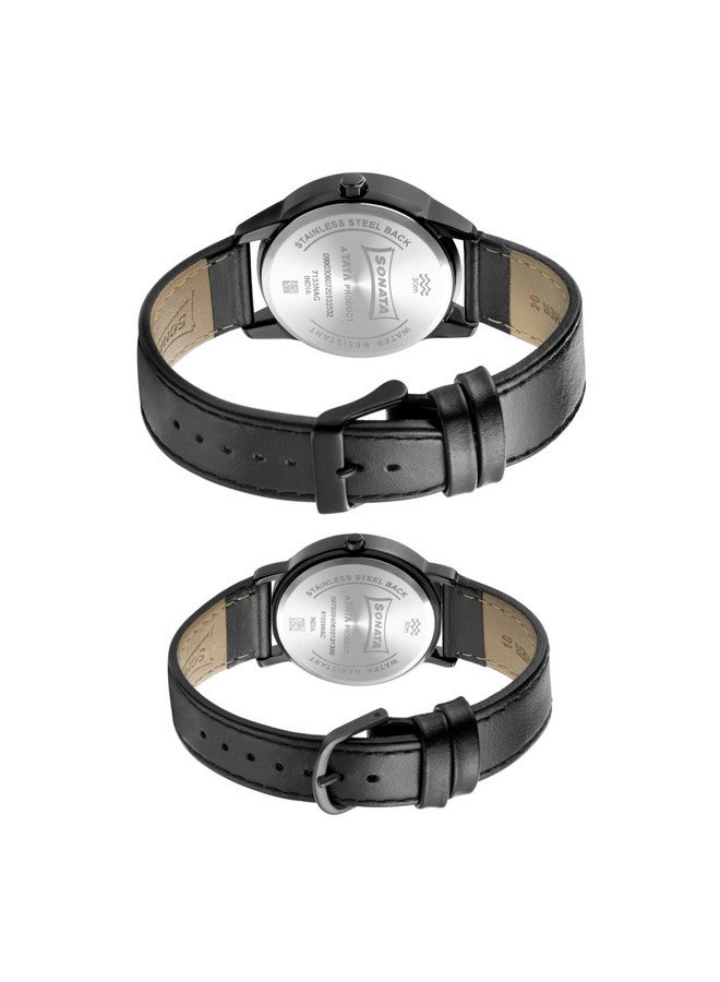 Sonata Quartz Analog with Date Black Dial Leather Strap Watch for Couple-NS713387029NL01P - Image 4