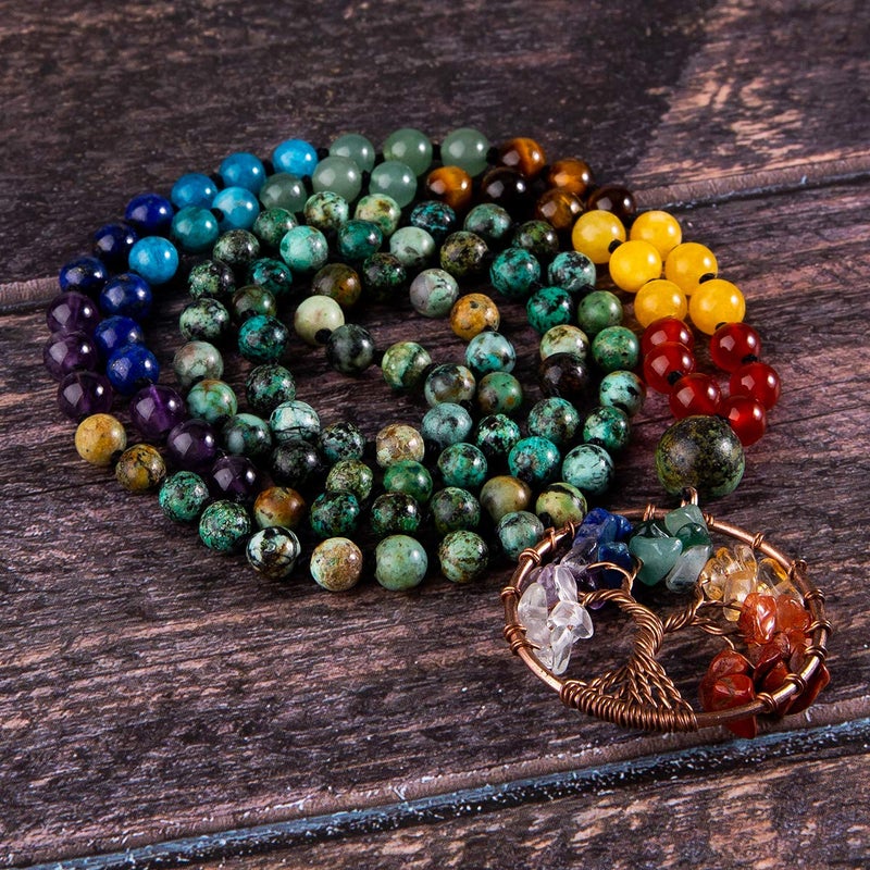 Bivei 108 Mala Beads Necklace Tree of Life 7 Chakra Wrap Bracelet Real Healing Gemstone Yoga Meditation Hand Knotted Mala Prayer Bead Necklace(African Turquoise 6mm) - Image 5