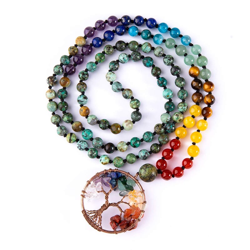 Bivei 108 Mala Beads Necklace Tree of Life 7 Chakra Wrap Bracelet Real Healing Gemstone Yoga Meditation Hand Knotted Mala Prayer Bead Necklace(African Turquoise 6mm) - Image 1