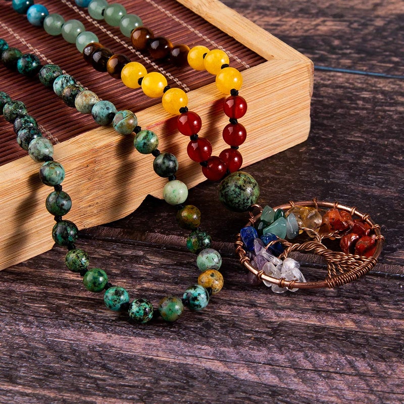 Bivei 108 Mala Beads Necklace Tree of Life 7 Chakra Wrap Bracelet Real Healing Gemstone Yoga Meditation Hand Knotted Mala Prayer Bead Necklace(African Turquoise 6mm) - Image 2