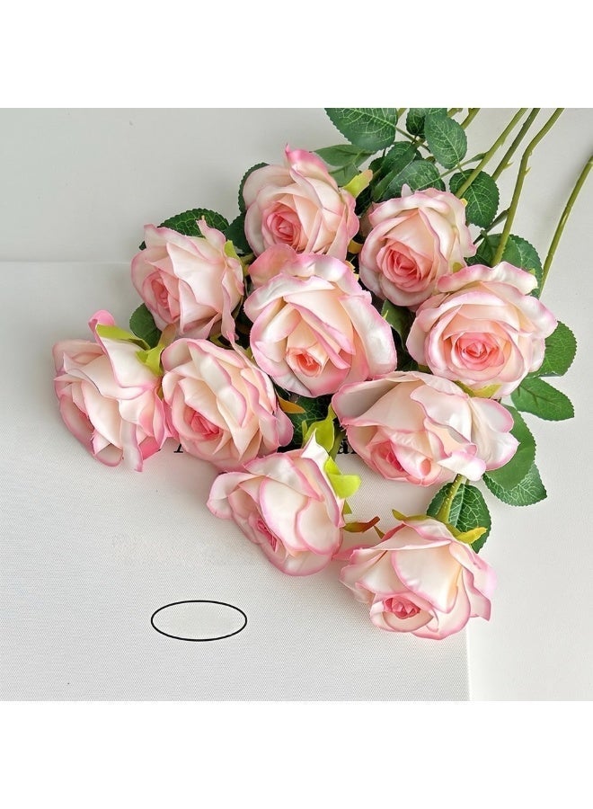11 PCS Lifelike Pink-Edged Rose Artificial Flowers - Realistic Faux Rose Bouquet for Home Decor, Wedding, Birthday, Party & Photoshoot | Ideal Gift & Ornament for Living Room, Dining Room, Hotel - Image 4