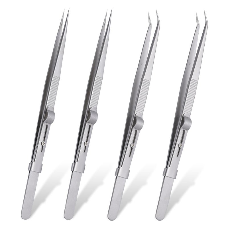 4 Pieces Diamond Tweezers Professional Jewelry Gem Tweezers Precision Tweezers Stainless Steel Pointed Tip Tweezers with Slide Locking and Gem Slot for jewelry making