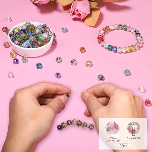 NITOPUPU 50pcs 8~10mm Rose Lampwork Bead with Blue Spots, Handmade Faceted Pink Murano Glass Beads for Jewelry Making Supplies, Bracelet, Rosary Craft Making - Image 2