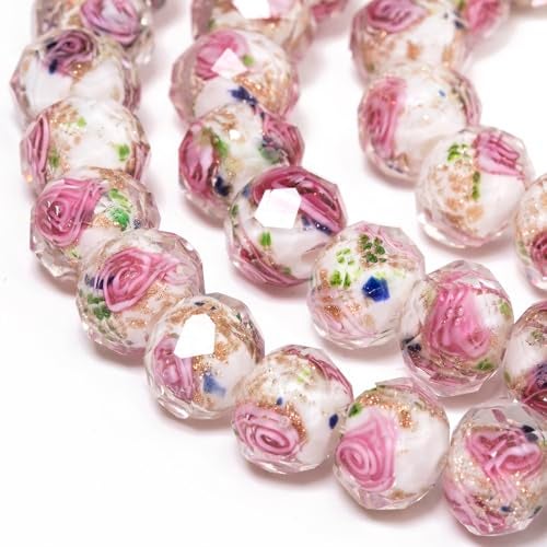 NITOPUPU 50pcs 8~10mm Rose Lampwork Bead with Blue Spots, Handmade Faceted Pink Murano Glass Beads for Jewelry Making Supplies, Bracelet, Rosary Craft Making - Image 1