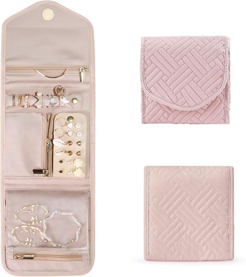 AUXIN Mini Travel Jewelry Organizer Case - Pink Foldable Pouch for Earrings, Rings, Necklaces, and Bracelets - Image 1