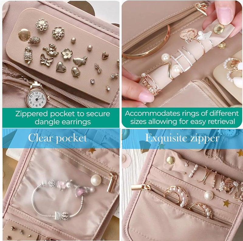 AUXIN Mini Travel Jewelry Organizer Case - Pink Foldable Pouch for Earrings, Rings, Necklaces, and Bracelets - Image 3