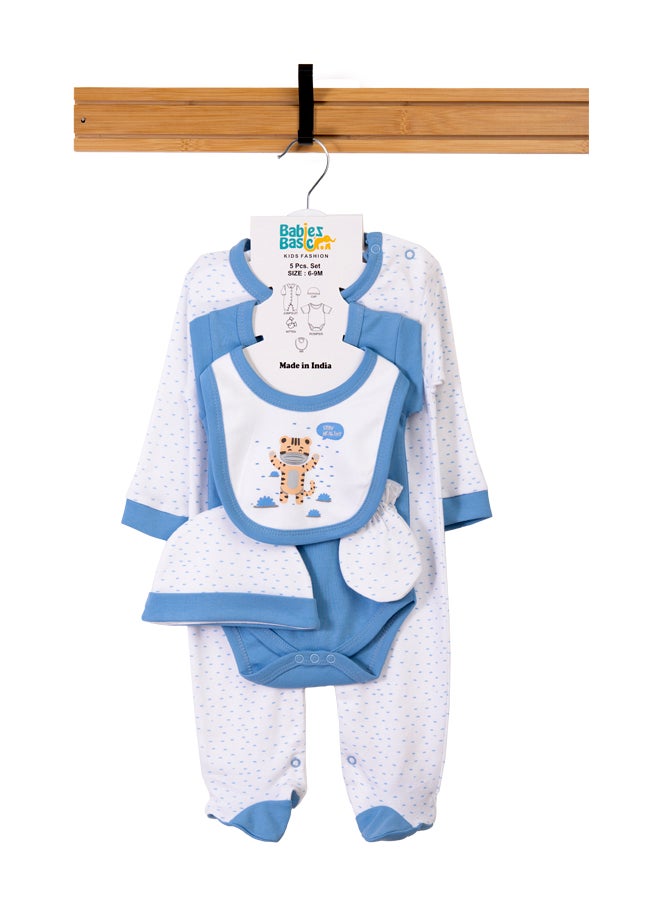 Babies Basic 5 Piece Unisex 100% Cotton Gift Set Include Bib, Romper, Mittens, Cap And Sleepsuit/Jumpsuit- Stay Healthly  - Image 1