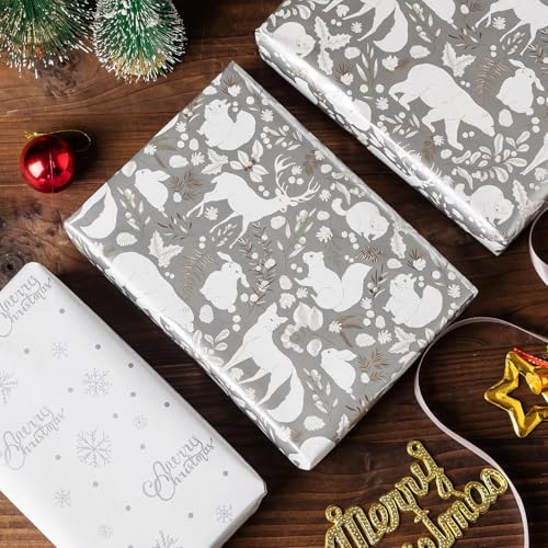 EWES Silver Christmas Wrapping Paper Rolls Set,Vintage Matte Aesthetic Heavy Duty Premium Gift Wrap,Retro Pattern with Reindeer,Bear,Fox,Squirrel,Rabbit,Raccoon,Snowflake Reversible,Total 28.5sq.ft - Image 3