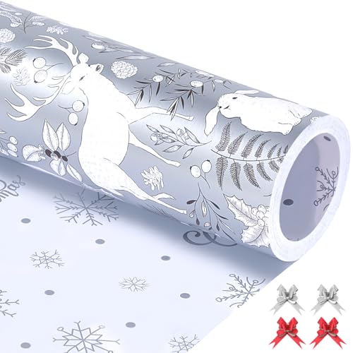 EWES Silver Christmas Wrapping Paper Rolls Set,Vintage Matte Aesthetic Heavy Duty Premium Gift Wrap,Retro Pattern with Reindeer,Bear,Fox,Squirrel,Rabbit,Raccoon,Snowflake Reversible,Total 28.5sq.ft - Image 1