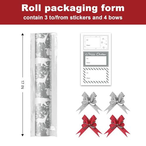 EWES Silver Christmas Wrapping Paper Rolls Set,Vintage Matte Aesthetic Heavy Duty Premium Gift Wrap,Retro Pattern with Reindeer,Bear,Fox,Squirrel,Rabbit,Raccoon,Snowflake Reversible,Total 28.5sq.ft - Image 2