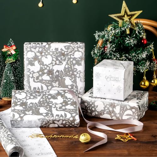EWES Silver Christmas Wrapping Paper Rolls Set,Vintage Matte Aesthetic Heavy Duty Premium Gift Wrap,Retro Pattern with Reindeer,Bear,Fox,Squirrel,Rabbit,Raccoon,Snowflake Reversible,Total 28.5sq.ft - Image 4