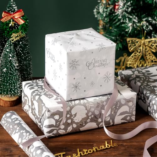 EWES Silver Christmas Wrapping Paper Rolls Set,Vintage Matte Aesthetic Heavy Duty Premium Gift Wrap,Retro Pattern with Reindeer,Bear,Fox,Squirrel,Rabbit,Raccoon,Snowflake Reversible,Total 28.5sq.ft - Image 5