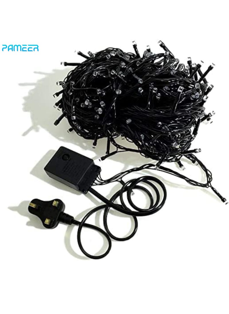 PAMEER - Warm White LED String Lights Black Wire Plug-in 10mtr 100 LEDs String Home Decorative LED Strip for Christmas EID Ramadan Diwali and Wedding Parties Decoration Box Button Control 8 Modes - Image 1
