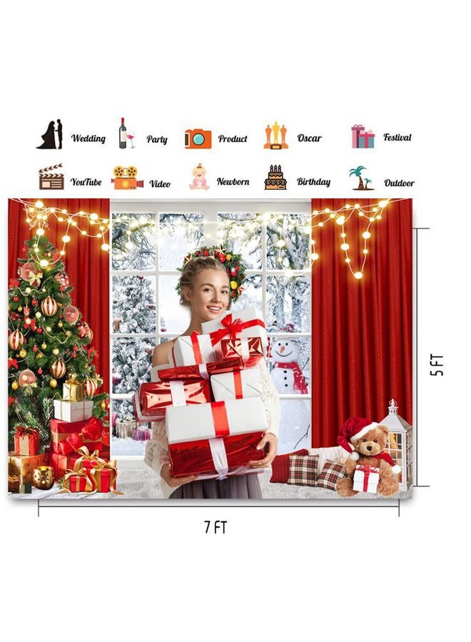 CHAIYA 7X5FT Christmas Backdrop Red Window Background Winter Snow Xmas Tree Gift Christmas Family Party Background New Year Party Backdrop - Image 5