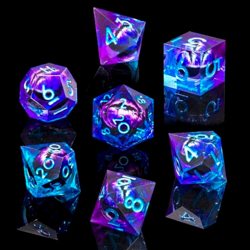 Handmade Sharp-Edged Liquid-Core Resin Dice with Cat Eyes, 7-Piece Beholder Dragon Eye DND Dice Set with Gift Box for Dungeons and Dragons Role-Playing Games - Image 2