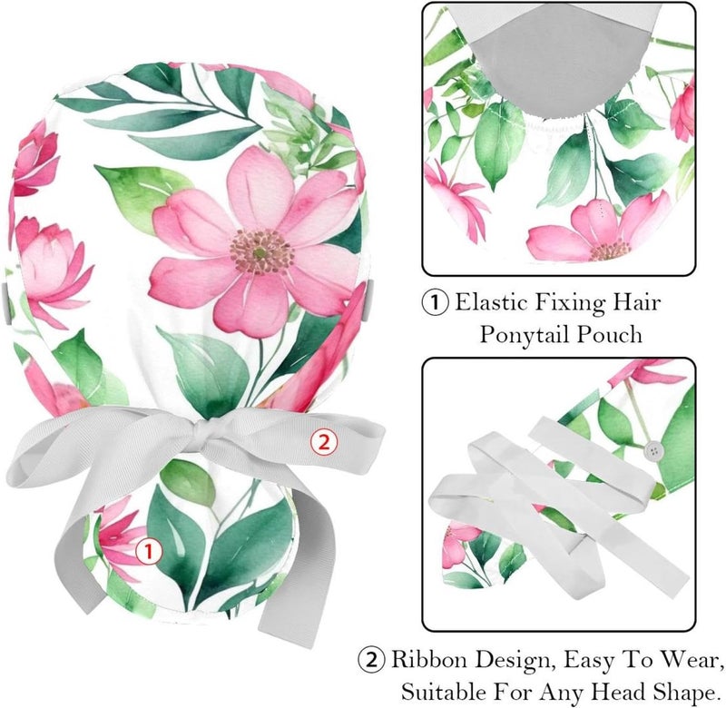 2 Packs Flowers and Green Leaves Bouffant Cap for Woman One Size - Image 4