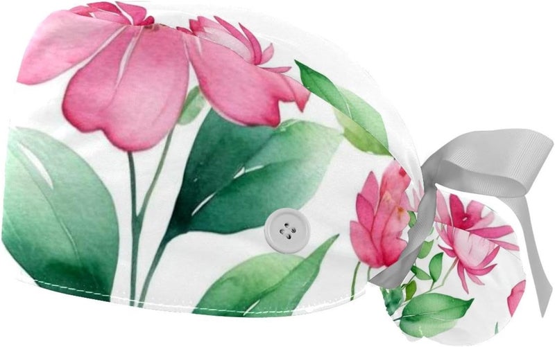 2 Packs Flowers and Green Leaves Bouffant Cap for Woman One Size - Image 1