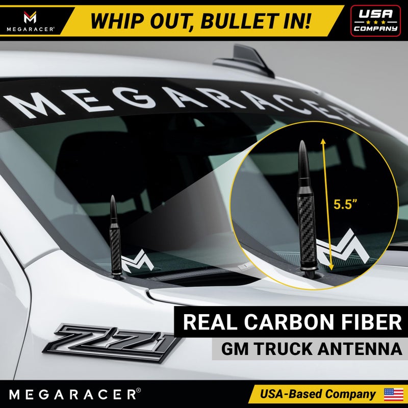 Mega Racer Anodized Black Carbon Fiber 50 Cal Bullet Antenna for Chevy Silverado & GMC Sierra 1500 2500 (1999-2026) â€“ Billet Aluminum, UV & Chip-Resistant, Car Wash Safe, Short Truck Replacement Accessories - Image 2