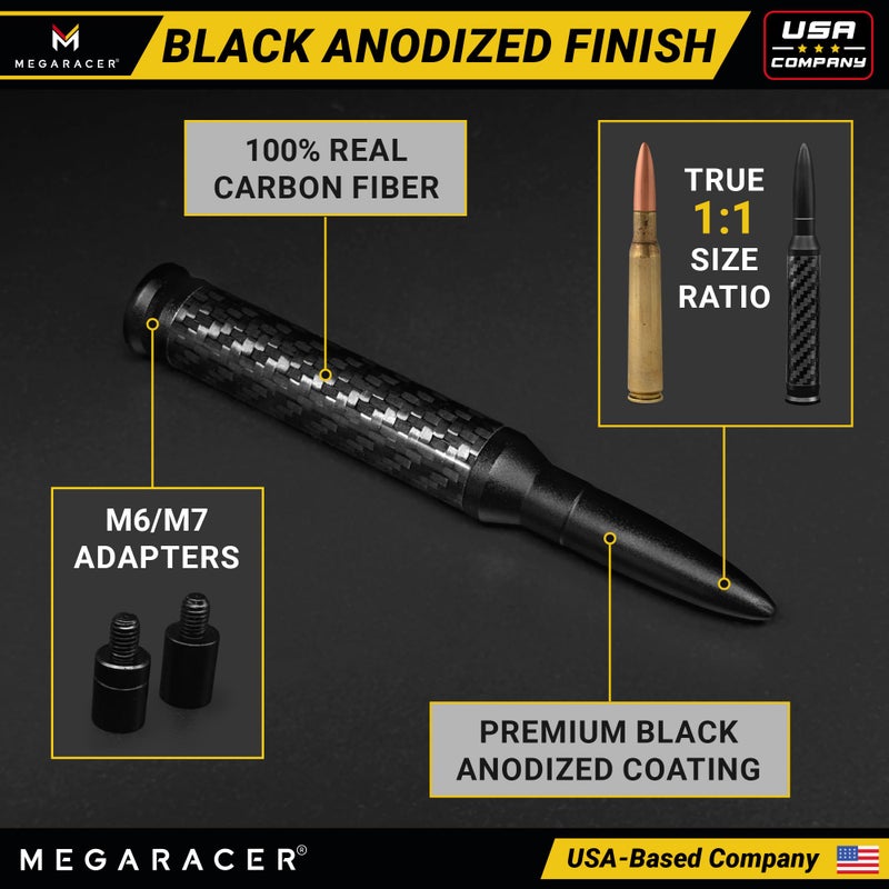 Mega Racer Anodized Black Carbon Fiber 50 Cal Bullet Antenna for Chevy Silverado & GMC Sierra 1500 2500 (1999-2026) â€“ Billet Aluminum, UV & Chip-Resistant, Car Wash Safe, Short Truck Replacement Accessories - Image 4