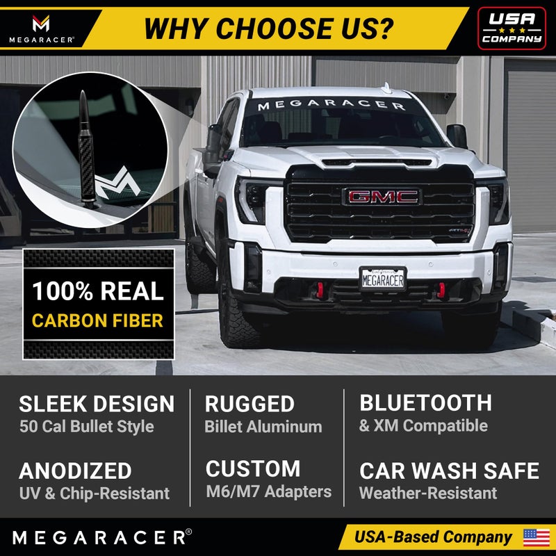 Mega Racer Anodized Black Carbon Fiber 50 Cal Bullet Antenna for Chevy Silverado & GMC Sierra 1500 2500 (1999-2026) â€“ Billet Aluminum, UV & Chip-Resistant, Car Wash Safe, Short Truck Replacement Accessories - Image 5