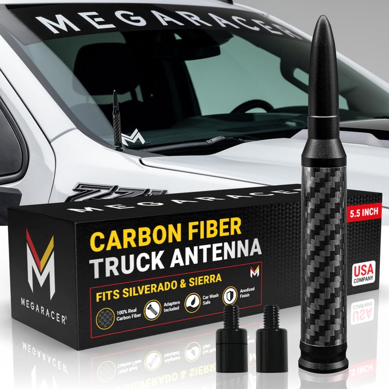 Mega Racer Anodized Black Carbon Fiber 50 Cal Bullet Antenna for Chevy Silverado & GMC Sierra 1500 2500 (1999-2026) â€“ Billet Aluminum, UV & Chip-Resistant, Car Wash Safe, Short Truck Replacement Accessories - Image 1